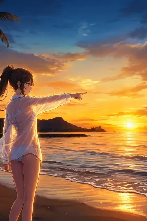 暑假、小岛、沙滩、姐妹花